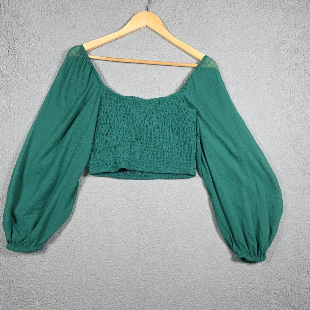 BOG Collective Top Womens Size Medium Pine green Smocked Cropped Blouse BOHO